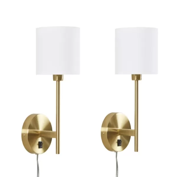 Sconces-Kirkland's Home Gold Metal & White Shade Wall Sconces, Set Of 2