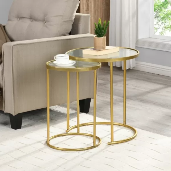 Accent & End Tables-Kirkland's Home Gold Metal And Glass Nesting 2-Pc Accent Table Set