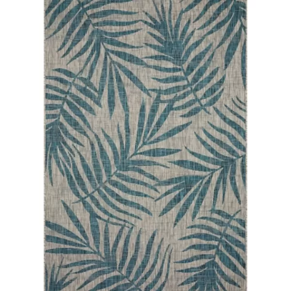 Outdoor Rugs-Kirkland's Home Gray And Aqua Palm Leaves Outdoor Area Rug, 5X7 Gray/Blue