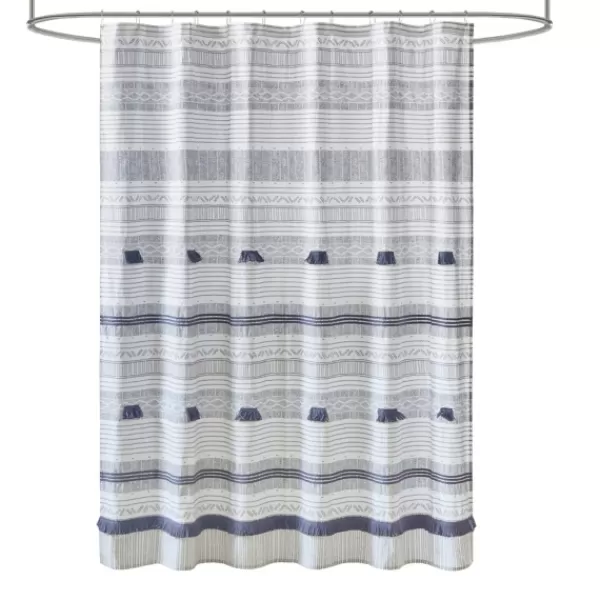 Shower Curtains-Kirkland's Home Gray And Navy Striped Fringe Shower Curtain Gray/Blue