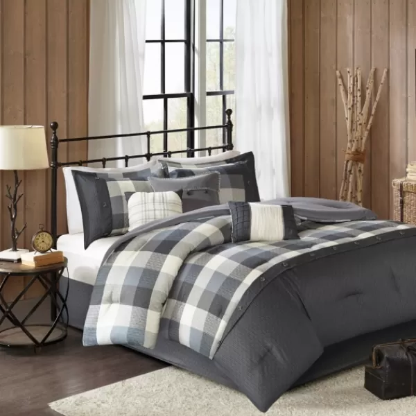 Comforters-Kirkland's Home Gray Buffalo Check King 7-Pc. Comforter Set Gray/White