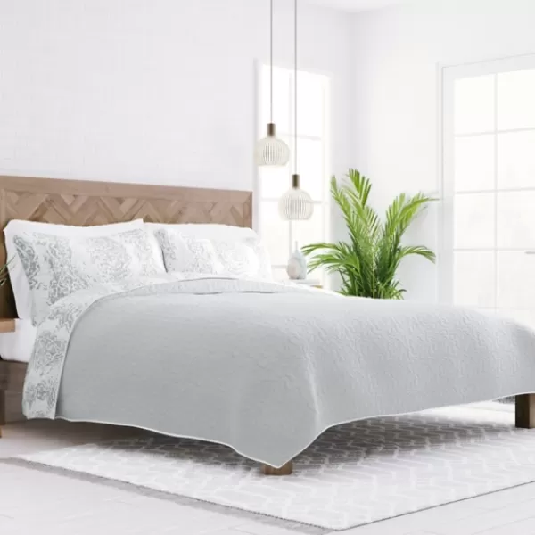 Quilts-Kirkland's Home Gray Damask Reversible 3-Pc. King Quilt Set Gray/White