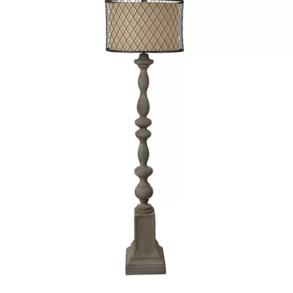 Floor Lamps-Kirkland's Home Gray Distressed Metal Encased Shade Floor Lamp Tan