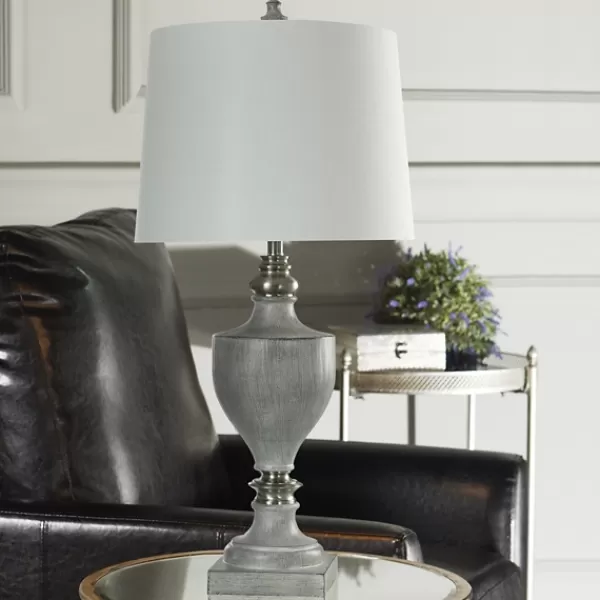 Table Lamps-Kirkland's Home Gray Faux Wood And Silver Table Lamp White