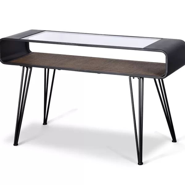 Console Tables-Kirkland's Home Gray Metal And Rattan Shelf Console Table