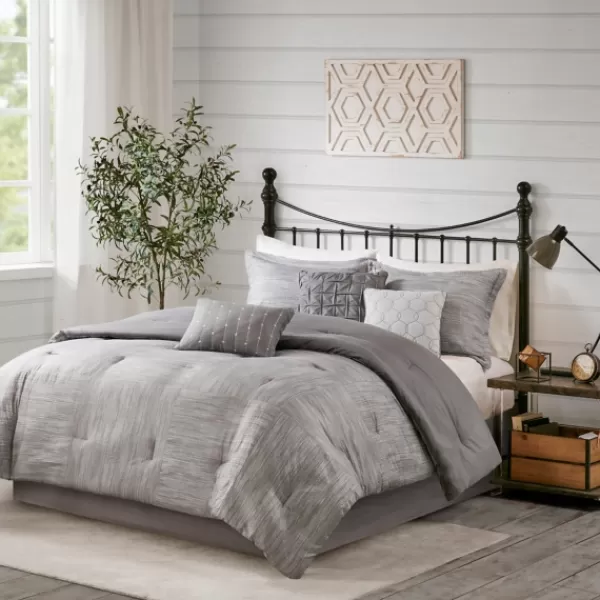 Comforters-Kirkland's Home Gray Seersucker 7-Pc. King Comforter Set Gray/White