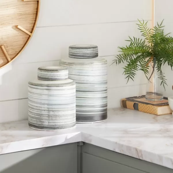 Decorative Bowls & Jars-Kirkland's Home Gray Striped Stoneware Jars With Lids, Set Of 2 Gray/Green