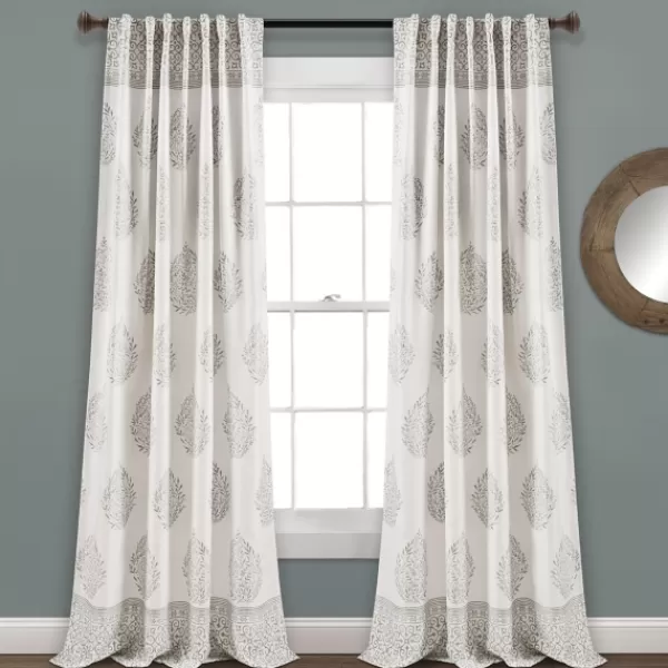 Curtains & Drapes-Kirkland's Home Gray Teardrop Leaves Curtain Panel Set, 95 In. White/Gray