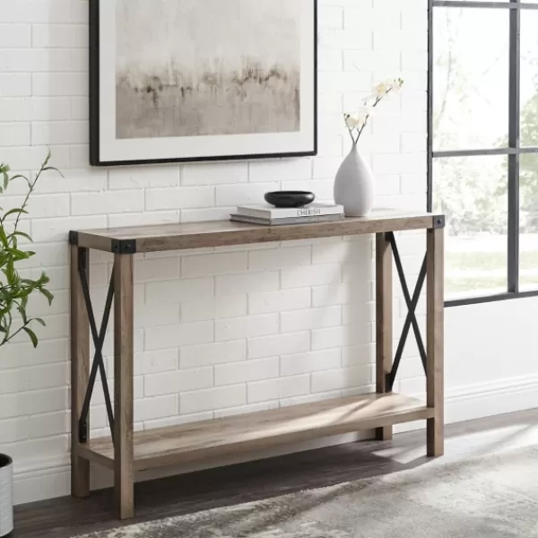 Console Tables-Kirkland's Home Gray Wash Farmhouse X-Frame Console Table Brown