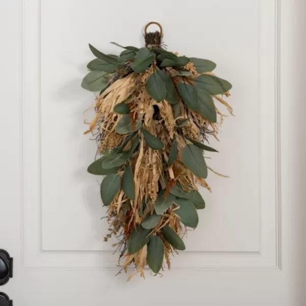 Wreaths-Kirkland's Home Green Eucalyptus And Heather Wheat Teardrop Swag Green/Tan