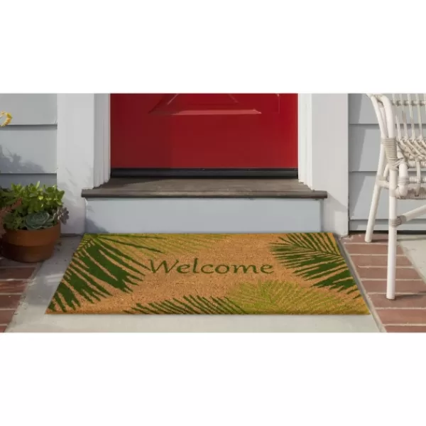 Doormats-Kirkland's Home Green Palm Fronds Welcome Coir Doormat Tan/Green