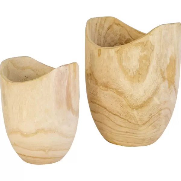 Vases-Kirkland's Home Hand Carved Wooden Urns, Set Of 2 Tan/Brown
