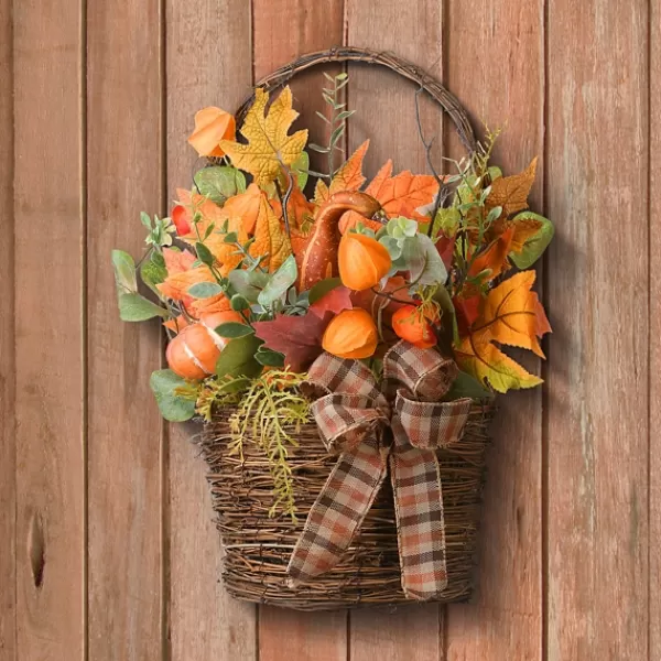 Arrangements & Greenery-Kirkland's Home Harvest Arrangement In Woven Wall Basket Green/Orange/Brown