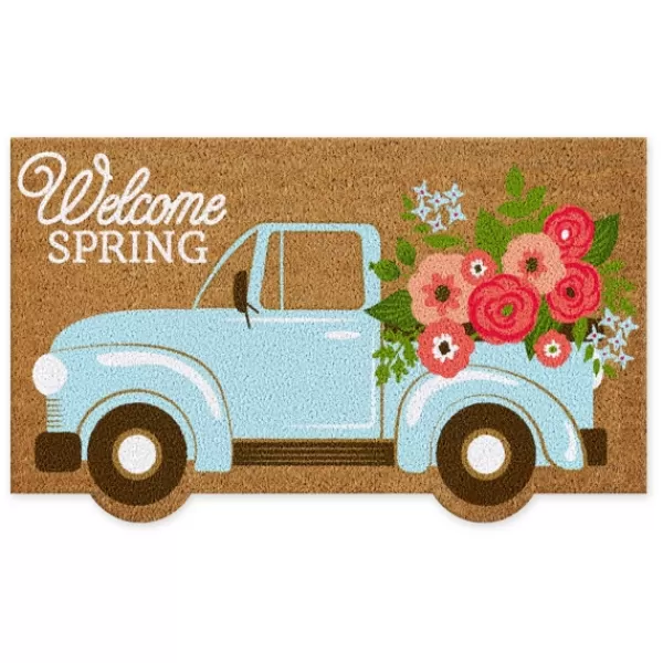 Doormats-Kirkland's Home Hello Spring Flower Truck Coir Doormat Tan/Blue/Pink