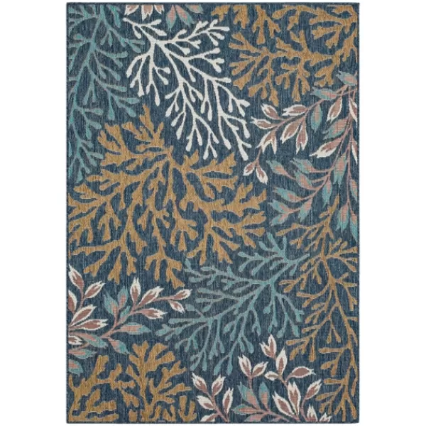 Outdoor Rugs-Kirkland's Home Ikat Coral Sea Blue Outdoor Area Rug, 5X7 White/Yellow/Blue