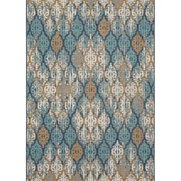 Outdoor Rugs-Kirkland's Home Ikat Scrolling Indigo Outdoor Area Rug, 5X7 White/Blue/Yellow