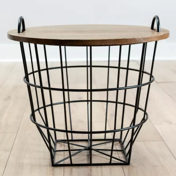 Accent & End Tables-Kirkland's Home Industrial Wire And Wood Basket Side Table Black