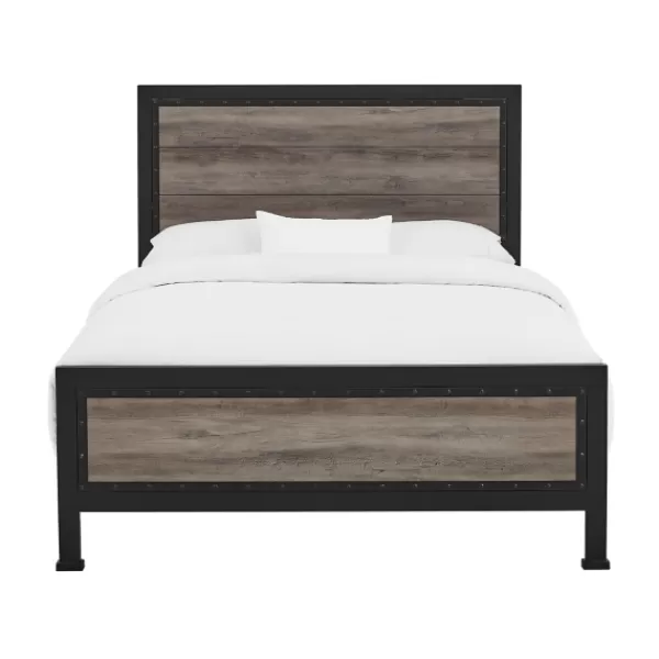 Beds & Headboards-Kirkland's Home Industrial Wood Queen Bed With Metal Frame Brown