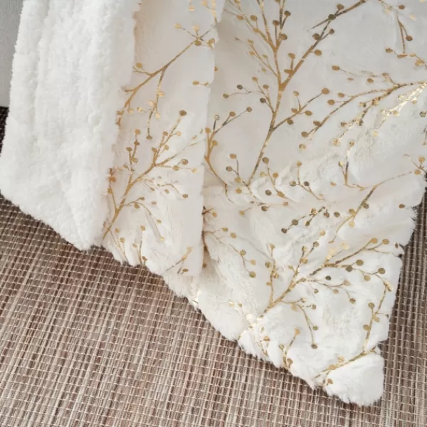 Blankets & Throws-Kirkland's Home Ivory And Gold Metallic Branches Throw Gold/Ivory