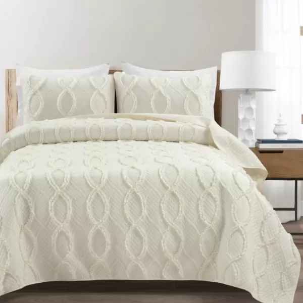 Quilts-Kirkland's Home Ivory Trellis Ruffles 3-Pc. King Quilt Set White