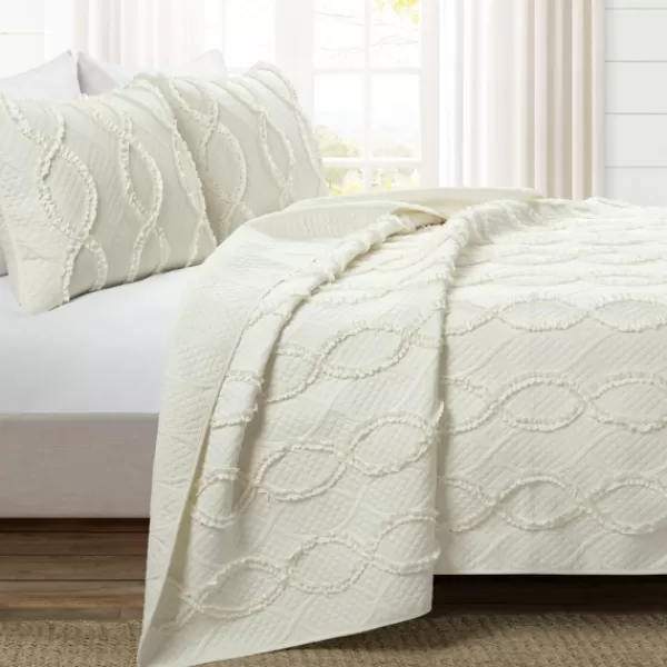 Quilts-Kirkland's Home Ivory Trellis Ruffles 3-Pc. King Quilt Set White