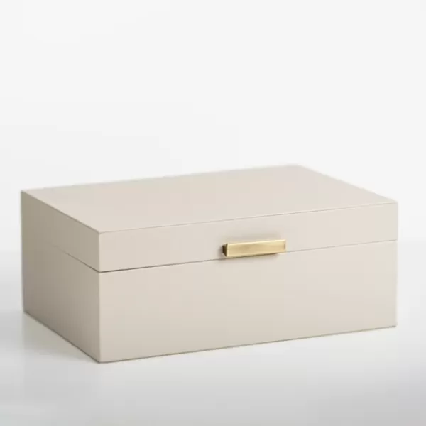 Baskets & Boxes-Kirkland's Home Large Beige Leather Brass Handle Box Ivory