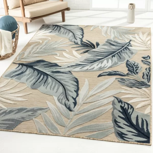 Outdoor Rugs-Kirkland's Home Large Print Tropical Leaf Outdoor Area Rug, 5X7 Tan/Green
