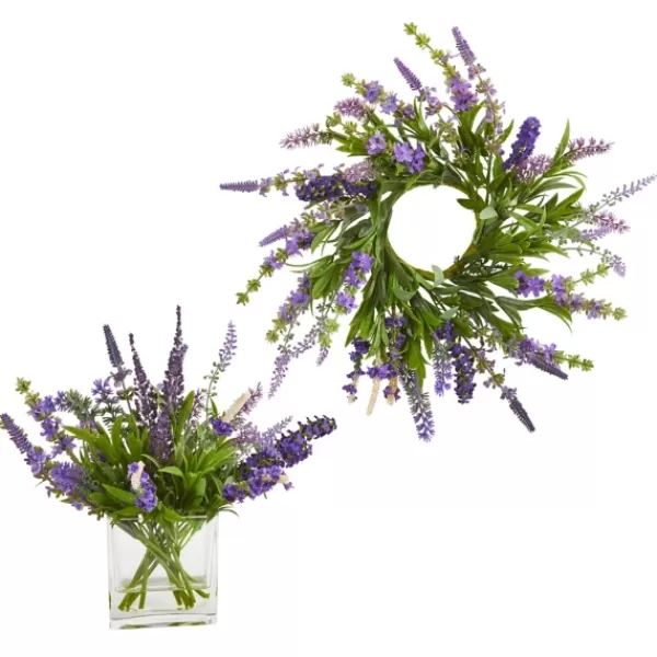 Wreaths-Kirkland's Home Lavender Wreath And Arrangement 2-Pc. Set Purple/Green