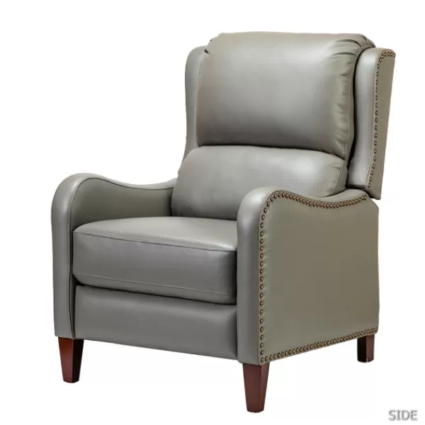 Accent Chairs-Kirkland's Home Leather Nailhead Traditional Recliner Gray
