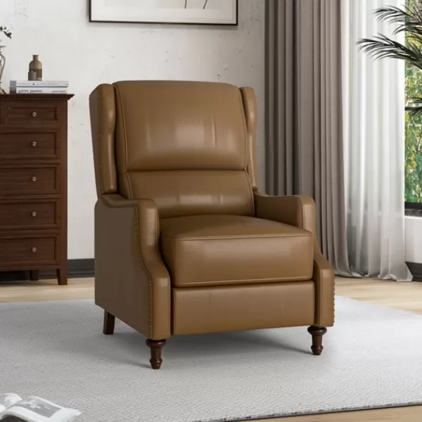 Accent Chairs-Kirkland's Home Leather Nailhead Trim Classic Recliner Brown