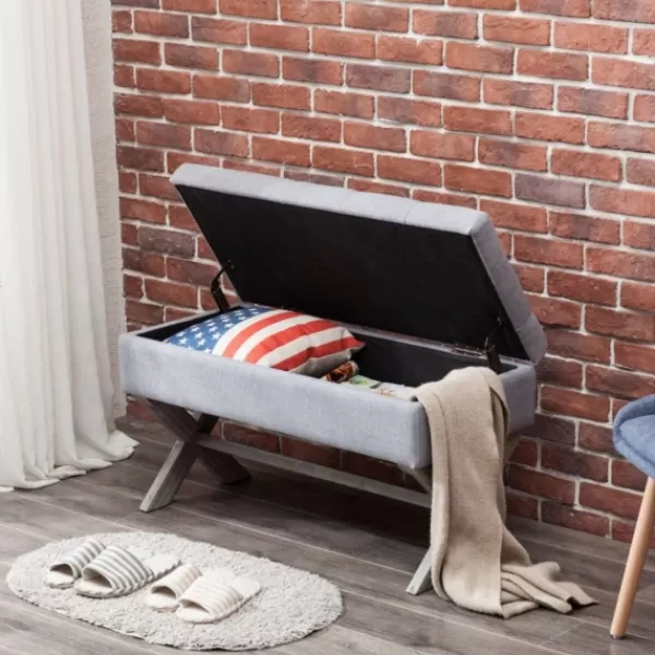 Benches & Ottomans-Kirkland's Home Light Button Tufted Storage Cross Leg Bench Gray
