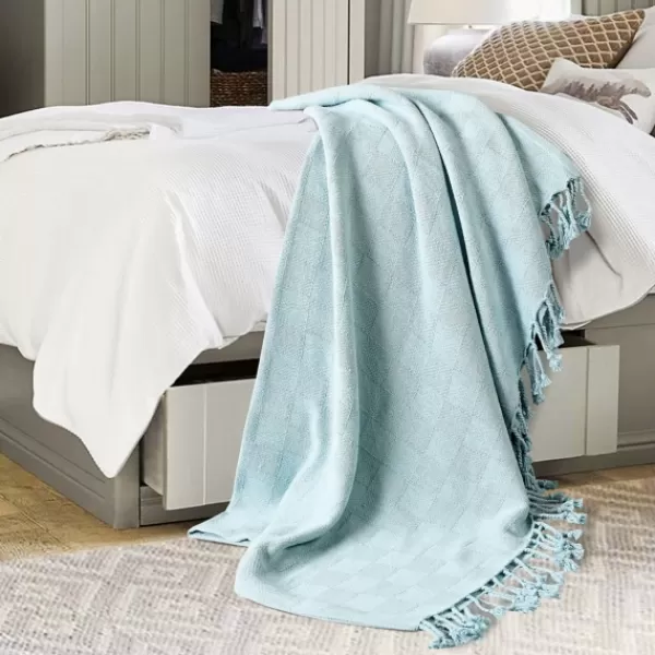 Blankets & Throws-Kirkland's Home Light Checkered Weave Fringe Throw Blue