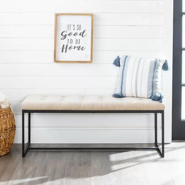 Benches & Ottomans-Kirkland's Home Linen Tufted Bench With Metal Base Tan