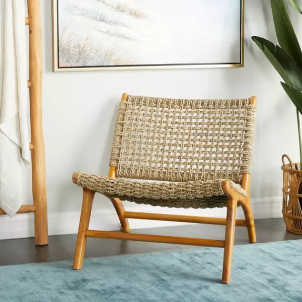 Accent Chairs-Kirkland's Home Low Slung Woven Teakwood Accent Chair Tan