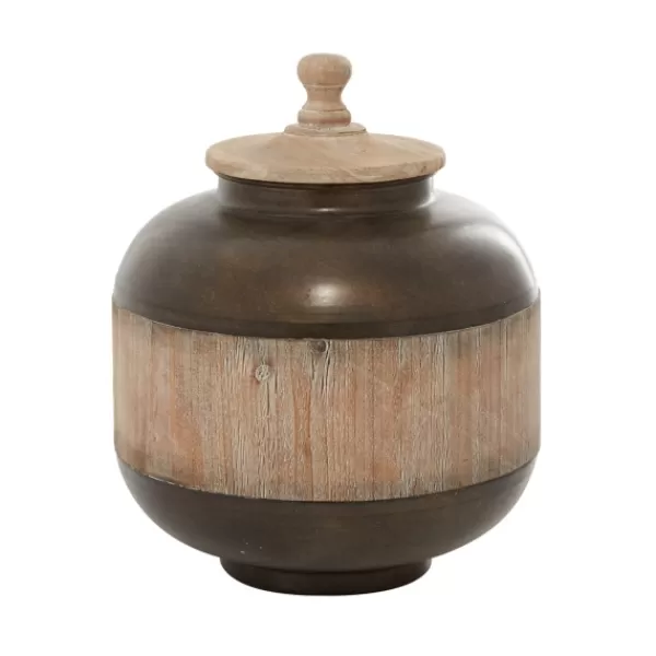 Decorative Bowls & Jars-Kirkland's Home Mahogany Wood And Metal Jar With Lid, 14 In. Brown/Tan