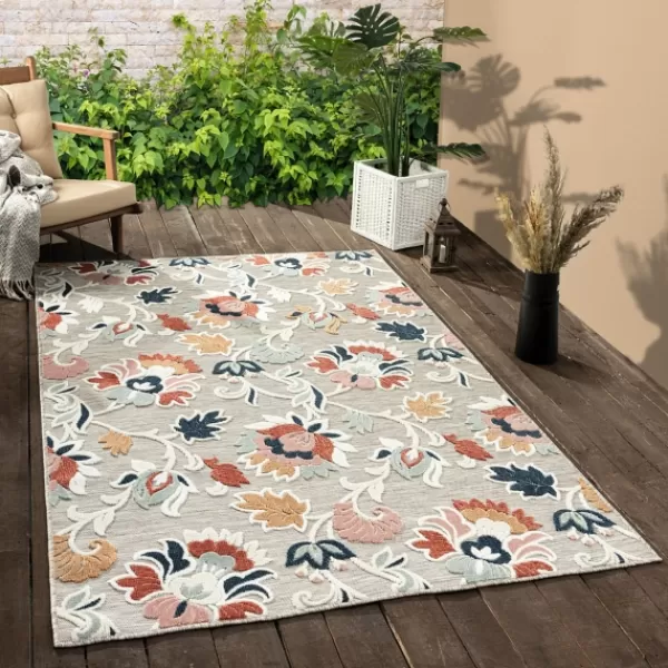 Outdoor Rugs-Kirkland's Home Mara Floral Blossom Indoor/Outdoor Area Rug, 7X9 Gray/White/Multi