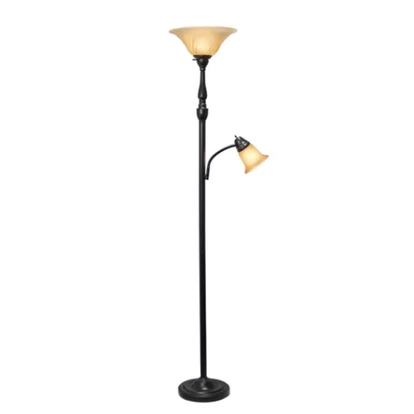 Floor Lamps-Kirkland's Home Matte Bronze And Amber Reading Arm Torchiere Tan