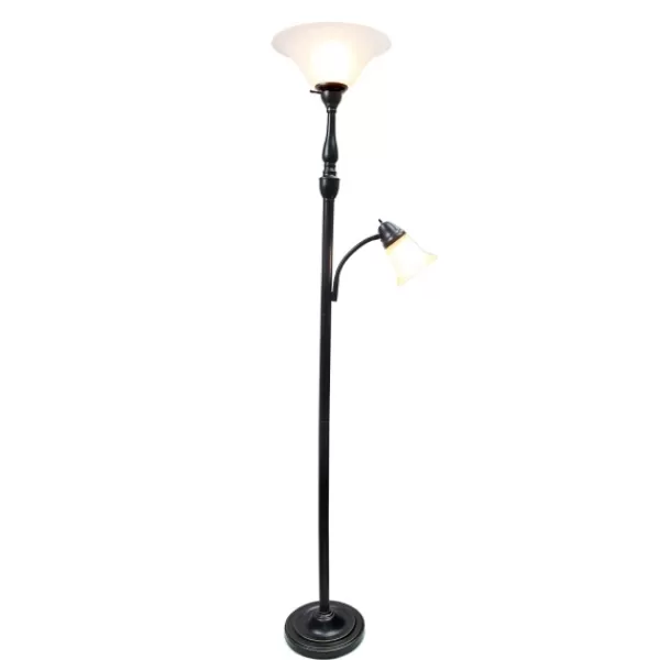 Floor Lamps-Kirkland's Home Matte Bronze And White Reading Arm Torchiere Brown