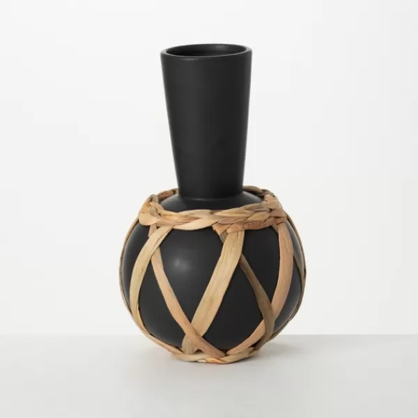Vases-Kirkland's Home Matte Rattan Wrapped Vase Black