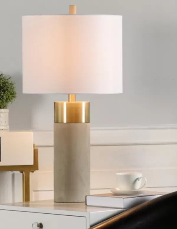 Table Lamps-Kirkland's Home Metal And Concrete Cylindrical Table Lamp Gray/Gold