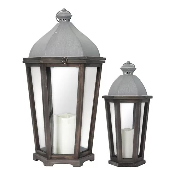 Lanterns-Kirkland's Home Metal Arch Top Led Lanterns, Set Of 2 Gray/Brown