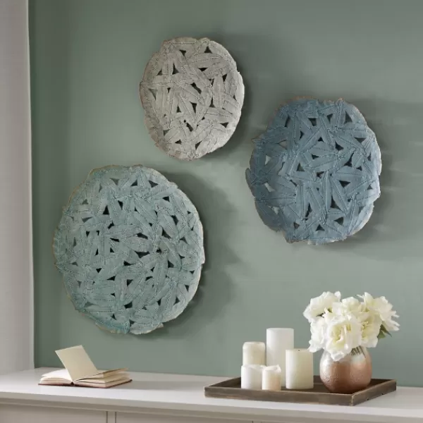 Wall Plaques-Kirkland's Home Metal Feather Round Wall Plaques, Set Of 3 Blue