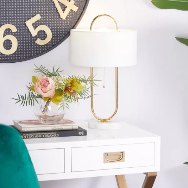 Table Lamps-Kirkland's Home Metal Open Loop Stem White Round Table Lamp Gold