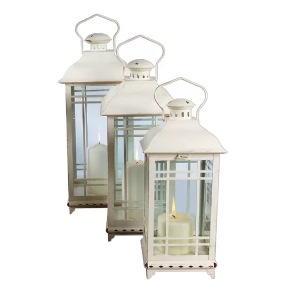 Lanterns-Kirkland's Home Metal Windowpane Lanterns, Set Of 3 White