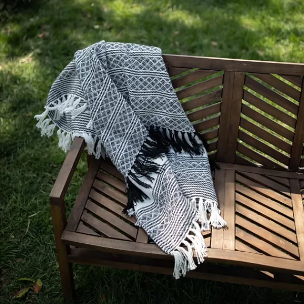 Blankets & Throws-Kirkland's Home Midnight Crosshatch Stripes Outdoor Throw Blanket White/Black