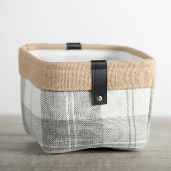 Baskets & Boxes-Kirkland's Home Mini Gray Plaid Bin With Leather Accent Gray/Tan/White