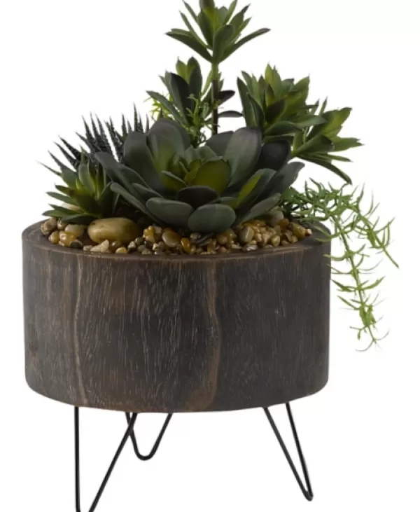 Trees & Topiaries-Kirkland's Home Mixed Greenery Arrangement In Round Wooden Planter