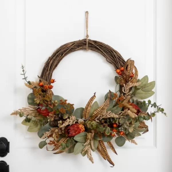 Wreaths-Kirkland's Home Mixed Wheat And Protea Fall Wreath Green/Brown/Orange