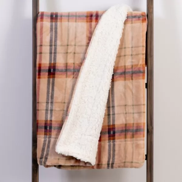 Blankets & Throws-Kirkland's Home Mocha Brown Plaid Sherpa Throw Tan/Brown