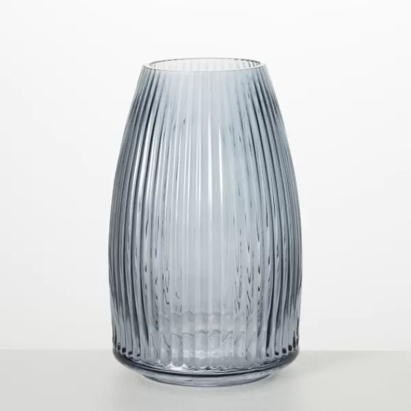 Vases-Kirkland's Home Modern Ribbed Glass Vase Gray